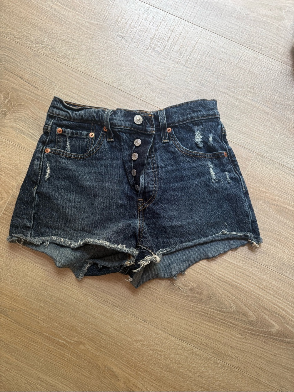 Levi's Blackened Blue Distressed High-Rise Denim Shorts